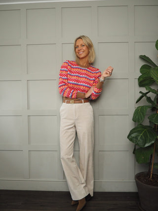 Leslie Farley Fairisle Puff Sleeve Cashmere Jumper and Cardigan by Brodie - Camel with Neon Orange / Pink / Blue / Purple