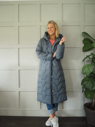 Jikke Long Padded Coat, Lined with Zipper &amp; Secret Inside Pocket by Rino &amp; Pelle - Night, Stone