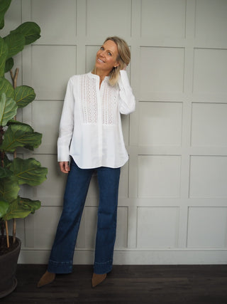 Aggie Cotton Blouse with Broderie Anglaise Detail - Navy Blue