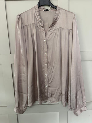 Silk Mix Long Sleeved Blouse with Button Fastenings and Frill Detail - Black