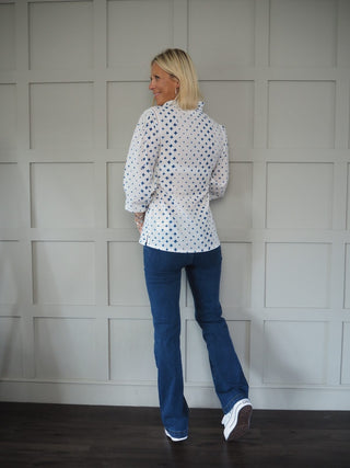 Diamond Long Sleeve Blouse with Ruffle Collar - Off White/Blue