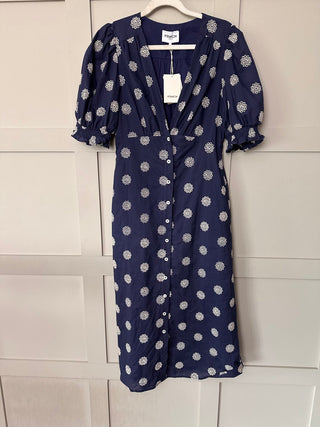 Gabrielle Cotton Midi Dress with Embroidered Detail by Frnch - Navy Blue