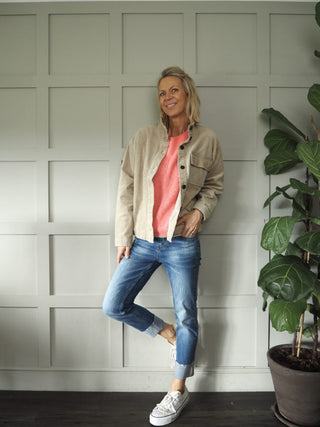 Mineral Corduroy Over-shirt Jacket, with High Neck Button-Up Collar &amp; Contrasting Button Fastening by Moss Copenhagen - Coral, Stone