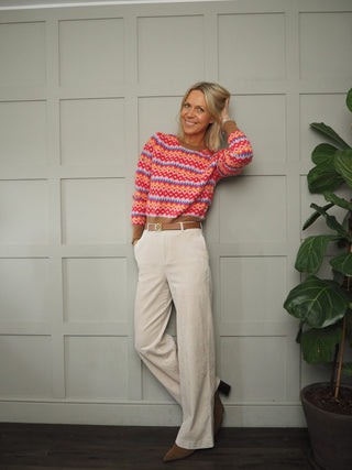 Leslie Farley Fairisle Puff Sleeve Cashmere Jumper and Cardigan by Brodie - Camel with Neon Orange / Pink / Blue / Purple