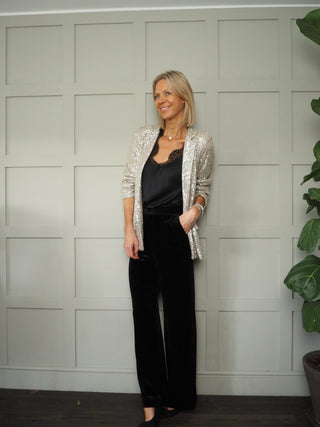 Jolie Sequin Blazer with Lapel and Faux Front Pockets - Black, Green, Silver