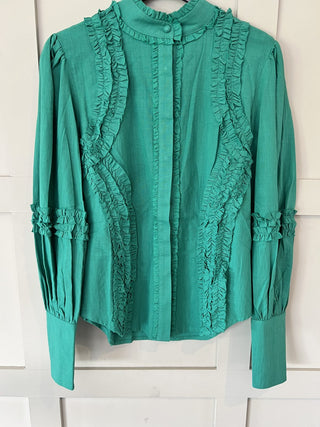 Christa Cotton Blouse with Frill Detail - Bright Green