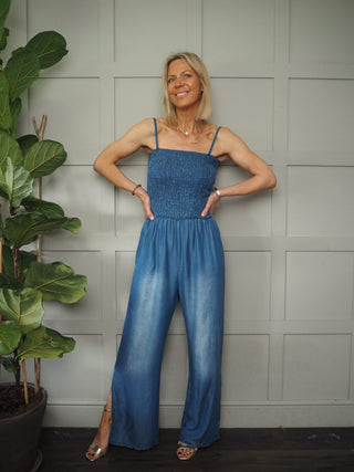 Parki Denim Look Sleeveless Jumpsuit with Shoestring Straps, Ruched Bodice - Denim Blue
