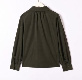 Evana Needlecord Blouse with Tie Collar Detail - Ecru, Khaki