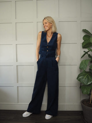 Philo Wide Leg Trousers by Frnch - Fine Cord in Marine Blue, Khaki and Linen Mix in Beige, Blue