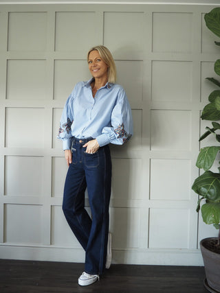 Maxime Long Sleeve Blouse by Pom Amsterdam - Light Blue, White