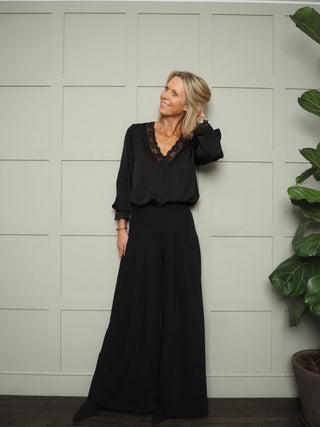 Neava Long Sleeve Lace Trimmed, Satin Feel Top - 11 Colours