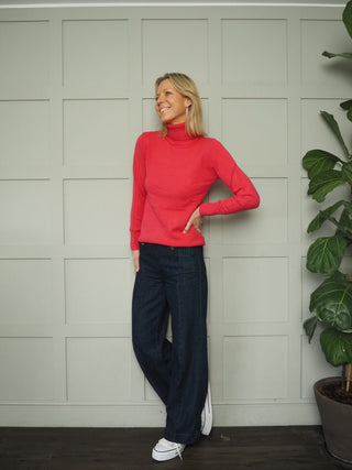 Lola Ribbed Polo Neck - Pink, Turquoise and Winter White