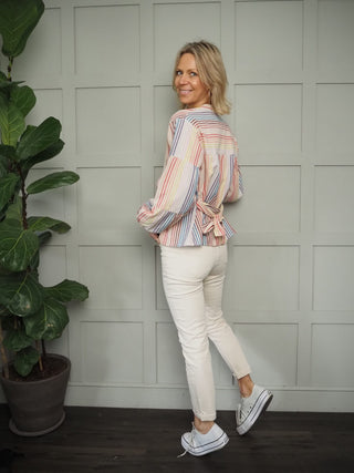 Capucine Cotton Blouse by Frnch - Oatmeal with Multi Coloured Stripes