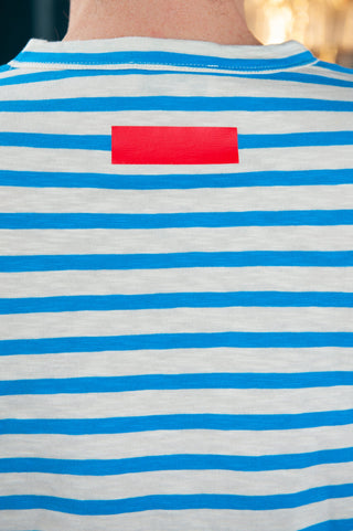 Men's Aingura Cotton T-Shirt by Loreak Mendian - Off White/Blue Striped with Logo