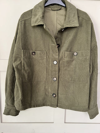 Cori Velvet Feel Shacket with Ribbed Effect &amp;Tortoise Shell Button Fastening - Khaki