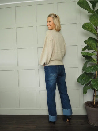 Hope Balloon Sleeve Round Neck Jumper by Moss Copenhagen - Black, Cocoa and Ecru