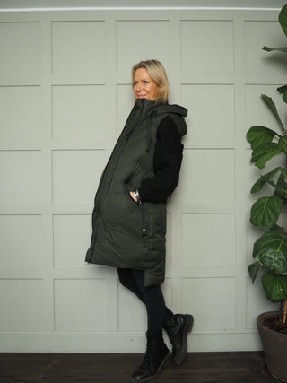 Longline Puffa Gilet with Zip Fastening &amp; Hood by Saint &amp; Sinner - Black, Khaki