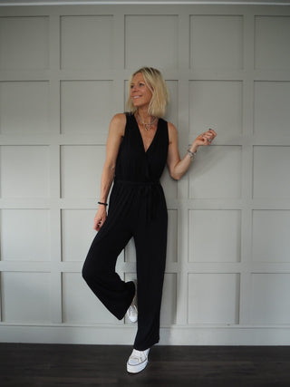 Marta Short Sleeved V Neck Jersey Jumpsuit with Cross Over Neckline - Blue