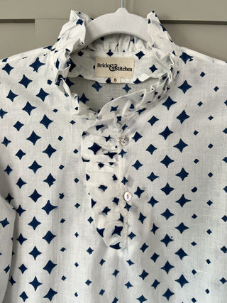 Diamond Long Sleeve Blouse with Ruffle Collar - Off White/Blue