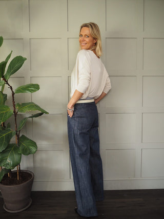 Wispa Cotton Wide Leg Trousers with Stripy &amp; Cream Waistband - Blue