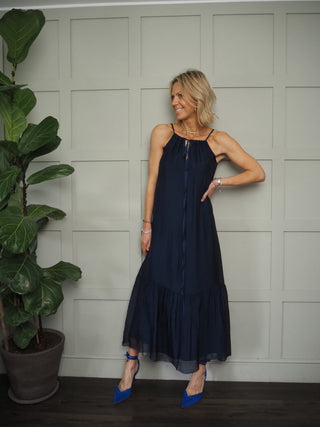 Wendi Silk Mix Sun Dress by Frnch - Navy Blue