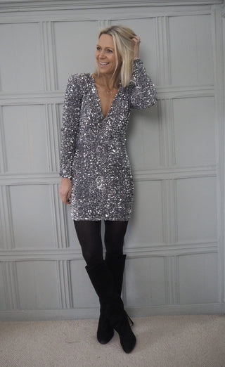 Claudia Sequin V-Neck Dress - Silver