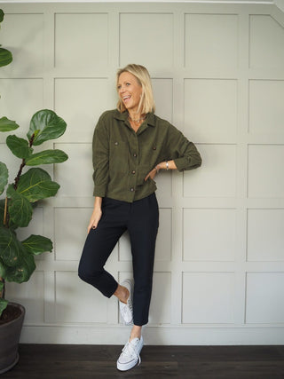 Cori Velvet Feel Shacket with Ribbed Effect &amp;Tortoise Shell Button Fastening - Khaki