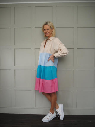 Lolita Long Sleeve Shirt Dress - Aqua/Light Blue/Pink/Stone Block Print