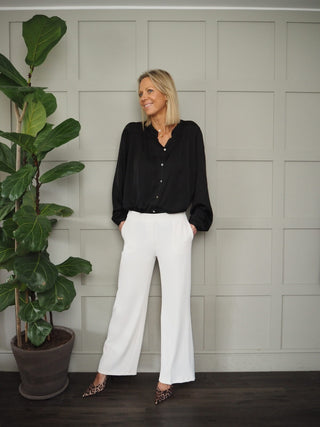 Silk Mix Long Sleeved Blouse with Button Fastenings and Frill Detail - Black