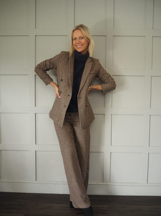 Elyn High Rise, Wide Leg Tweed Trousers with Front Pockets - Black/Brown/Camel