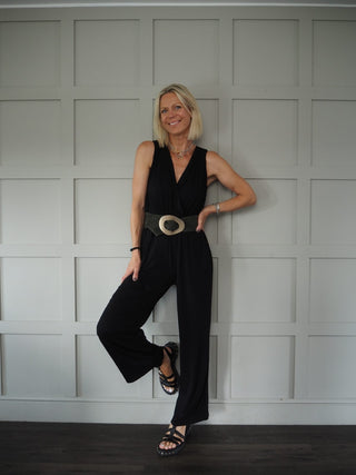 Marta Short Sleeved V Neck Jersey Jumpsuit with Cross Over Neckline - Blue