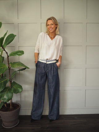 Wispa Cotton Wide Leg Trousers with Stripy &amp; Cream Waistband - Blue