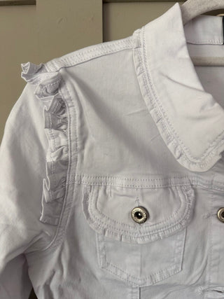 Ralliella Cropped Denim Jacket with Ruffle Shoulder &amp; Collar Detail, Button Fastening - White
