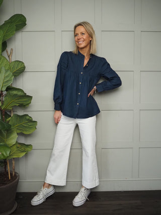 Onado Pleated Round Neck Shirt - Dark Denim