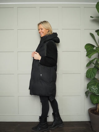 Longline Puffa Gilet with Zip Fastening &amp; Hood by Saint &amp; Sinner - Black, Khaki