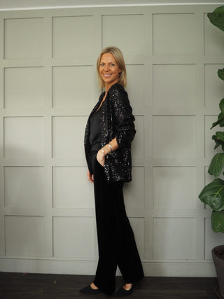 Jolie Sequin Blazer with Lapel and Faux Front Pockets - Black, Green, Silver