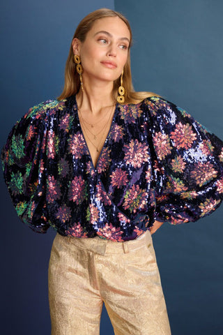 Mesmerising Glitter Sequin Blouse with Long Sleeves, V-Neck and Crossover Front by Pom Amsterdam