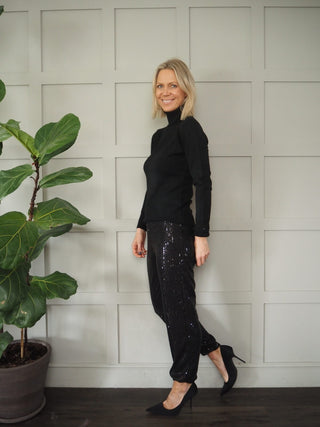 Cuffed Ankle Sequin Festival Party Trousers - Black