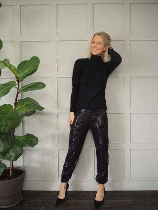 Cuffed Ankle Sequin Festival Party Trousers - Black