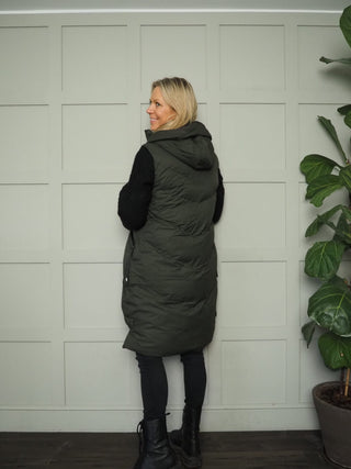 Longline Puffa Gilet with Zip Fastening &amp; Hood by Saint &amp; Sinner - Black, Khaki