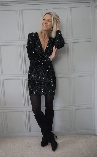 Claudia Sequin V-Neck Dress - Silver