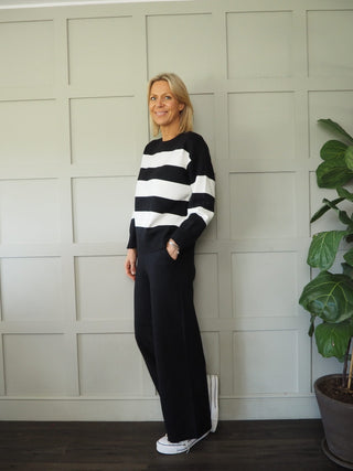 Tia Soft Jumper &amp; Trouser Lounge Set - Black, Stone and White Stripe