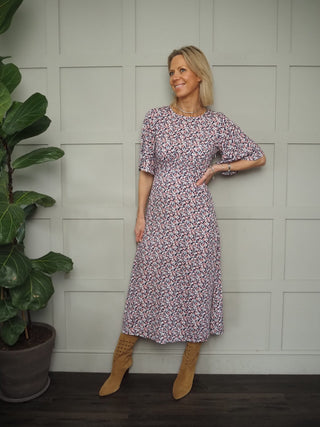 Ditzi Long Sleeved Floral Dress - Navy Blue/Pink/White