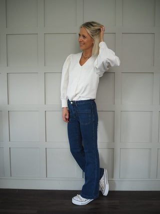 Pops V-Neck Blouse with Balloon Sleeves - Off White