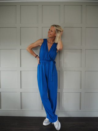 Marta Short Sleeved V Neck Jersey Jumpsuit with Cross Over Neckline - Blue