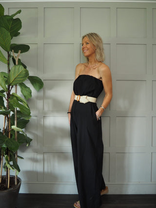Jillian Strapless Jumpsuit with Elasticated Top, Wide Legged - Black and White