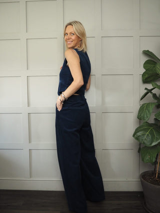 Philo Wide Leg Trousers by Frnch - Fine Cord in Marine Blue, Khaki and Linen Mix in Beige, Blue