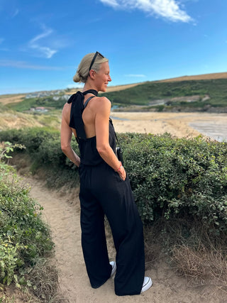 Caro Sleeveless, Wide Leg, Halter Neck Jumpsuit with Low Back - Black and Lurex: Black, Gold, Silver