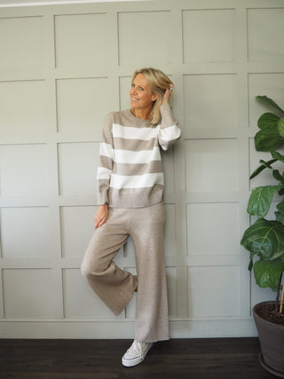 Tia Soft Jumper &amp; Trouser Lounge Set - Black, Stone and White Stripe