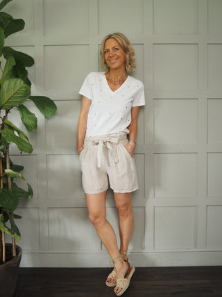 Meme Linen Shorts - Green, Stone